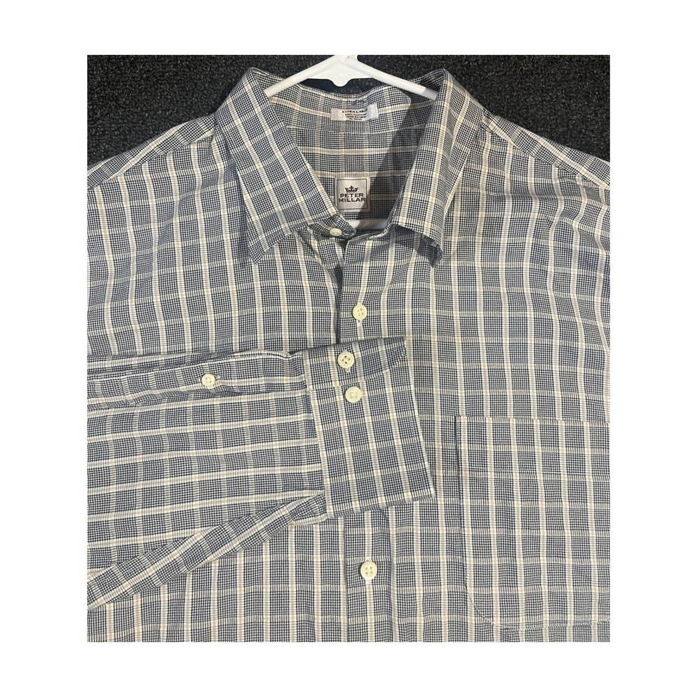 Peter Millar Mens XL Blue Plaid Long Sleeve Button Down Cotton Shirt